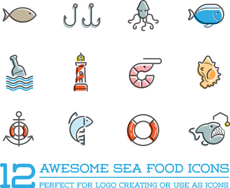 Set of Vector Sea Food Elements and Sea Signs Illustrationのイラスト素材