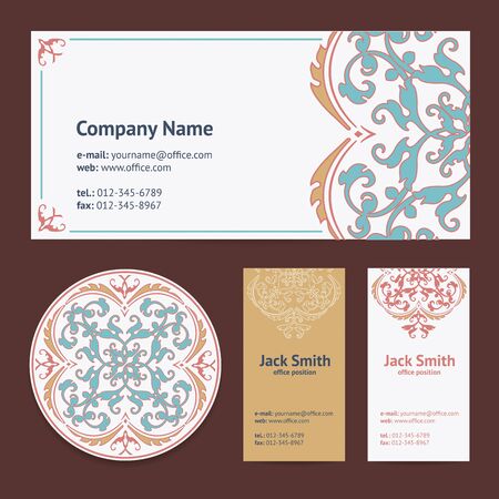 Corporative Business Cards Design Set and Envelope with Beer Mat with Turkish Ornament and Damask Pattern Backgroundのイラスト素材