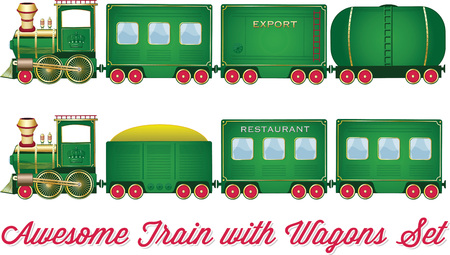 Train With Wagons Vector Green Locomotive with Red Wheels and Different Wagons Looks like Cartoon Set or Collectionのイラスト素材