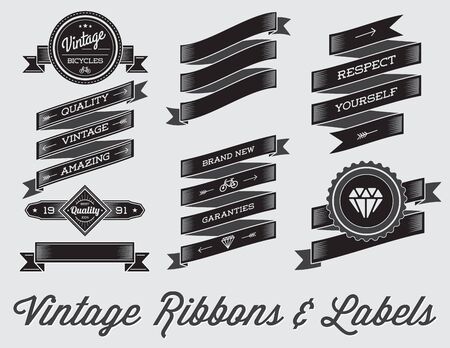 Vector Set of Vintage Retro Style Premium Design Labels and Ribbons Black and Whiteのイラスト素材