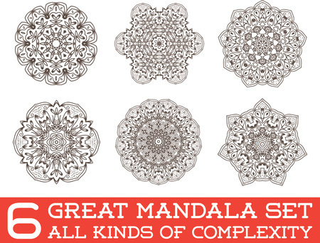Set of Ethnic Fractal Mandala Vector Meditation Tattoo looks like Snowflake or Maya Aztec Pattern or Flower too Isolated on Whiteのイラスト素材