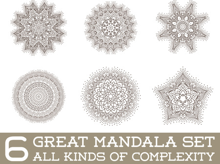 Set of Ethnic Fractal Mandala Vector Meditation Tattoo looks like Snowflake or Maya Aztec Pattern or Flower too Isolated on Whiteのイラスト素材