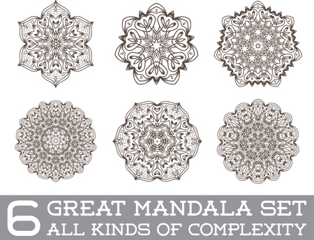 Set of Ethnic Fractal Mandala Vector Meditation Tattoo looks like Snowflake or Maya Aztec Pattern or Flower too Isolated on Whiteのイラスト素材