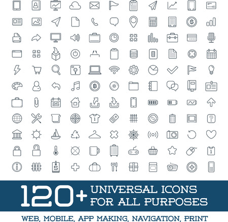120 Universal Icons Set For All Purposes Web, Mobile, App Making, Navigation, Printのイラスト素材