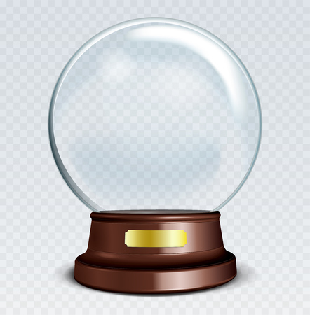 Vector Empty Snow Globe. White transparent glass sphere on a stand with Metal Sign with glares and highlights.のイラスト素材