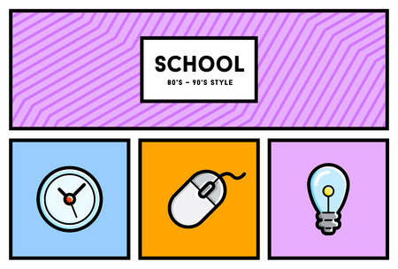 Vector 80's or 90's Stylish School Education Icon Set with Retro Colorsのイラスト素材