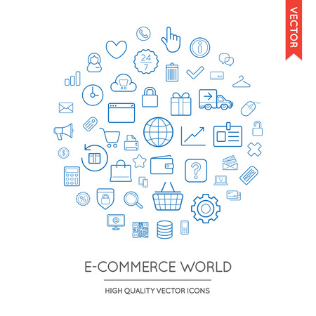 Vector Set of E-Commerce Modern Flat Thin Icons Inscribed in Round Shapeのイラスト素材