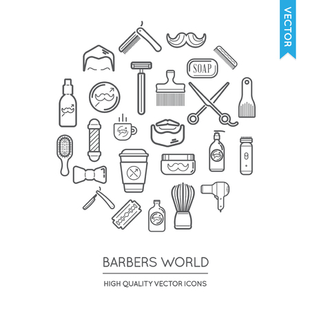 Vector Set of Barber Shop Modern Flat Thin Icons Inscribed in Round Shapeのイラスト素材
