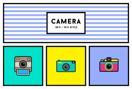 Vector 80's or 90's Stylish Photo Camera Icon Set with Retro Colorsのイラスト素材