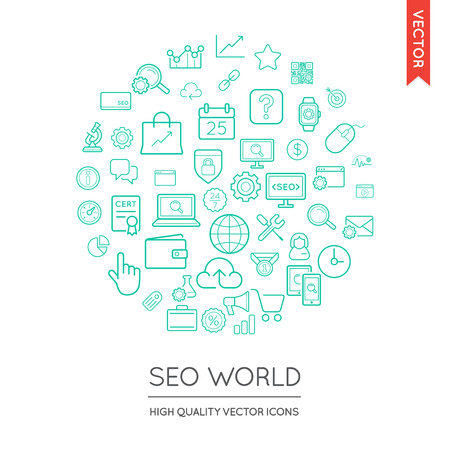 Vector Set of SEO Modern Flat Thin Icons Inscribed in Round Shapeのイラスト素材