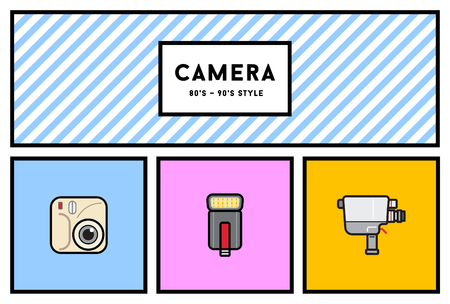 Vector 80's or 90's Stylish Photo Camera Icon Set with Retro Colorsのイラスト素材