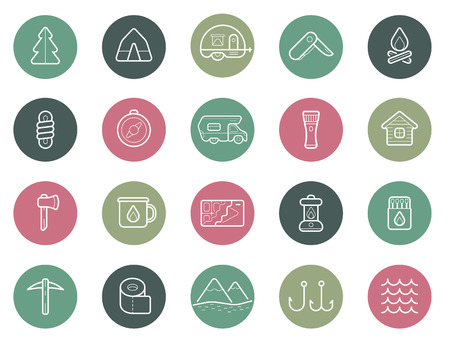 Set of Vector Camping Camp Elements and Outdoor Activity Icons Illustrationのイラスト素材