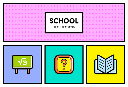 Vector 80's or 90's Stylish School Education Icon Set with Retro Colorsのイラスト素材