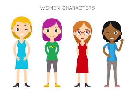 Diverse Vector People Set. Women, Different poses. Flat Cartoon Style.のイラスト素材