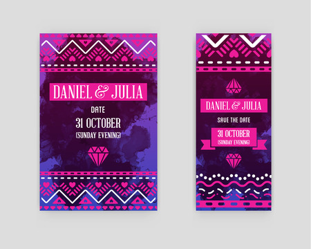 Set of Vector Illustration Invitation to Wedding Card. Collection in Watercolor Art Style on Backdropのイラスト素材