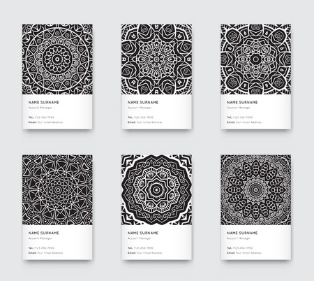 Vector Mandala Black and White Graphic Trendy Vertical Business Cards Setのイラスト素材