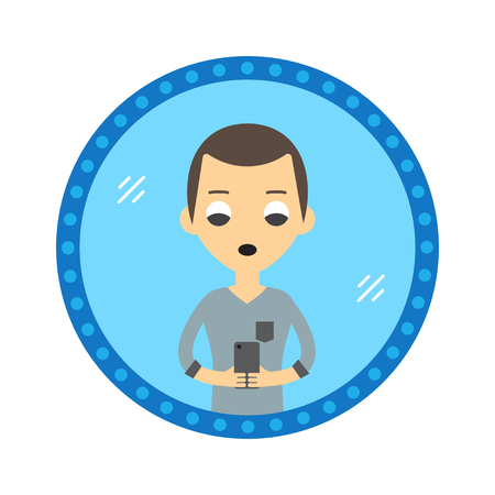 Hipster style man take a selfie in the mirror. Vector flat design illustration in the circle isolated on background.のイラスト素材