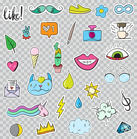 Set of Patches Elements like Flower, Heart, Crown, Cloud, Lips, Mail, Diamond, Eyes. Hand Drawn Vector. Cute Fashionable Stickers Collection. Doodle Pop art Sketch Badges and Pins.のイラスト素材