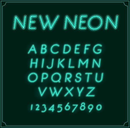 Neon Italic Font Type Alphabet. Glowing in Vector. With Numbers.のイラスト素材