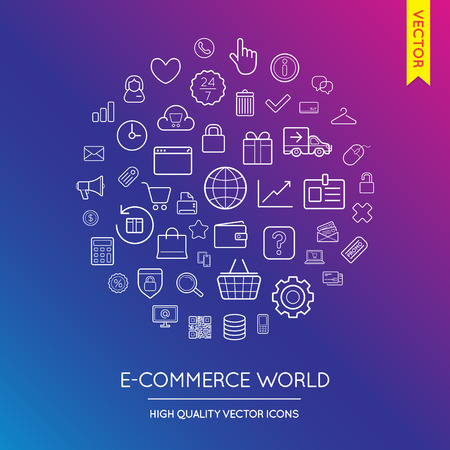 Vector Set of E-Commerce Modern Flat Thin Icons Inscribed in Round Shapeのイラスト素材