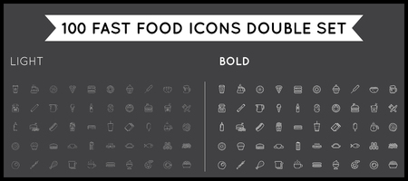 Set of Thin and Bold Vector Fastfood Fast Food Elements Icons and Equipment as Illustrationのイラスト素材