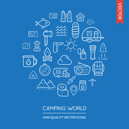 Vector Set of Camping Modern Flat Thin Icons Inscribed in Round Shapeのイラスト素材