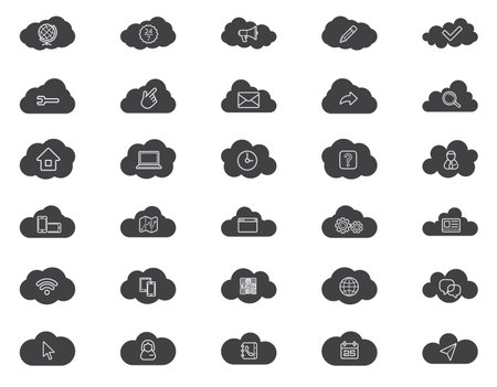 Cloud computing linear icons set. Download, upload, settings and preferences symbols. Lock, unlock and folder icons. Online data storage icons. Vector isolated outline drawingsのイラスト素材