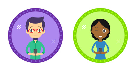 Set of Two Hipster style character take a selfie in the mirror with Smartphone. Vector flat design illustration in the circle isolated on background. Man and Woman.のイラスト素材