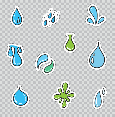 Patch Badges with Water Drops. Vector illustration isolated on transparent background. Set Pack of stickers, pins, patches in cartoon 80's - 90's comic style.のイラスト素材