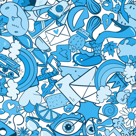 Graffiti pattern with urban lifestyle line icons. Crazy doodle abstract vector background. Trendy linear style collage with bizarre street art elements.のイラスト素材