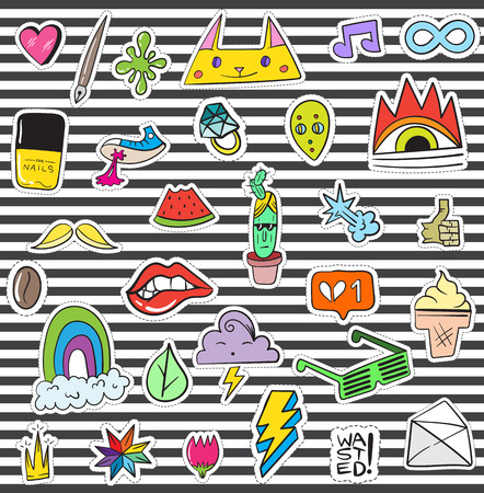 Set of Patches Elements like Flower, Heart, Crown, Cloud, Lips, Mail, Diamond, Eyes. Hand Drawn Vector. Cute Fashionable Stickers Collection. Doodle Pop art Sketch Badges and Pins.のイラスト素材