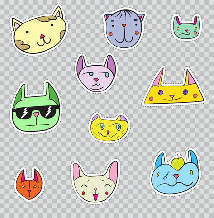 Patch Badges with Kittie. Vector illustration isolated on transparent background. Set Pack of stickers, pins, patches in cartoon 80's - 90's comic style.のイラスト素材