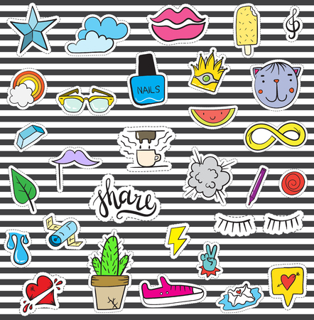 Set of Patches Elements like Flower, Heart, Crown, Cloud, Lips, Mail, Diamond, Eyes. Hand Drawn Vector. Cute Fashionable Stickers Collection. Doodle Pop art Sketch Badges and Pins.のイラスト素材