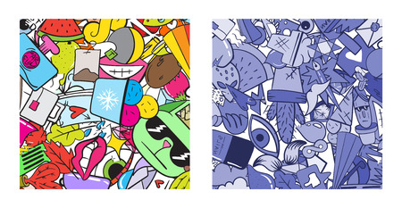 Set of Graffiti pattern with urban lifestyle line icons. Crazy doodle abstract vector background. Trendy linear style collage with bizarre street art elements.のイラスト素材