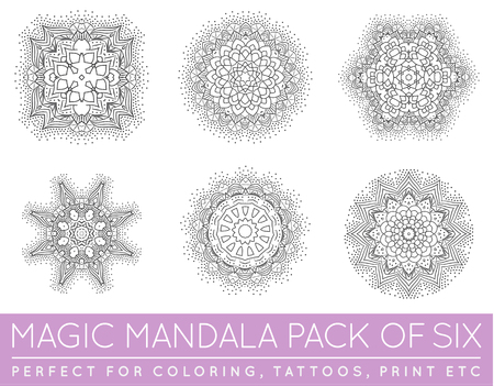 Set of Ethnic Fractal Mandala Vector Meditation Tattoo looks like Snowflake or Maya Aztec Pattern or Flower too Isolated on Whiteのイラスト素材