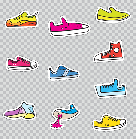 Patch Badges with Shoes and Sneakers. Vector illustration isolated on transparent background. Set Pack of stickers, pins, patches in cartoon 80's - 90's comic style.のイラスト素材