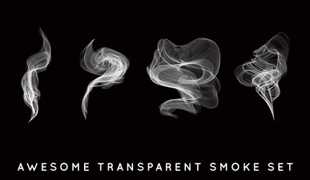 Set of digital realistic smoke vector illustration, curly smoke flow collection, curved transparent smoke flow image, grey smoke flow, vertical smoke flow, 3D smoke flow picture.のイラスト素材