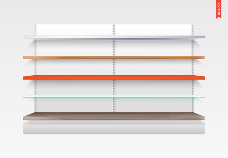Set of Glass, Wood, Plastic, Metal Long Shelves in Isolated with Metak Back Backgroundのイラスト素材