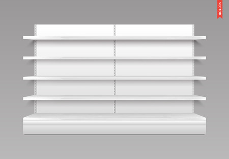 Empty Vector Store Shelves. Wood Material. Showcase Display. Retail Shelf Rack with Back.のイラスト素材