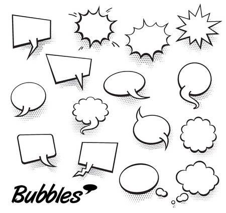 Set of blank template in Pop Art style. Vector Comic Text Speech Bubble Halftone Dot Background. Empty Cloud of Comics book dialog Space for Cartoon Box pop-art.のイラスト素材
