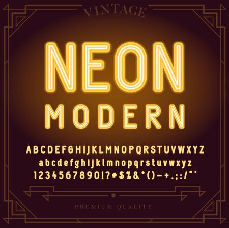 Bright Neon Alphabet Letters, Numbers and Symbols Sign in Vector. Night Show. Night Club.のイラスト素材