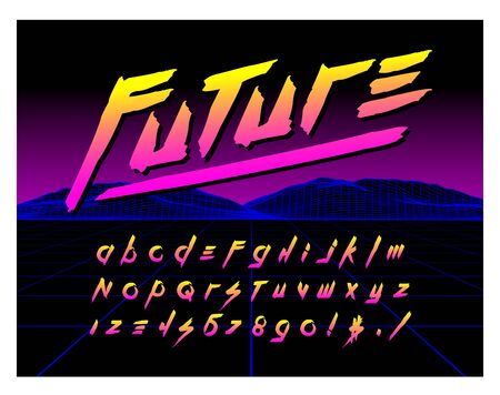 80's Retro Futurism style Font. Vector Brush Stroke Alphabet. Retro Futurism Old VHS Style. Futuristic Gaming or Musicのイラスト素材