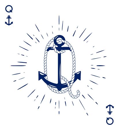 Vintage Label with an Anchor and Letter made of Ship Rope. Apparel t-shirt or Poster Design. Logotype Monogram with Playing Cards Style. Vector illustration.のイラスト素材