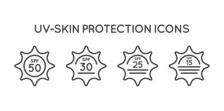 Set of Sun Protection UV Index, SPF 50, SPF 30, 25, 15 Vector Icons Collection.のイラスト素材