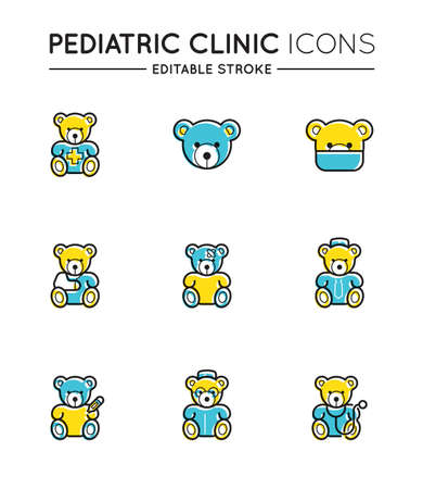 Outline colorful icons set. Pediatric hospital clinic and medical care. Editable stroke. Vector.のイラスト素材