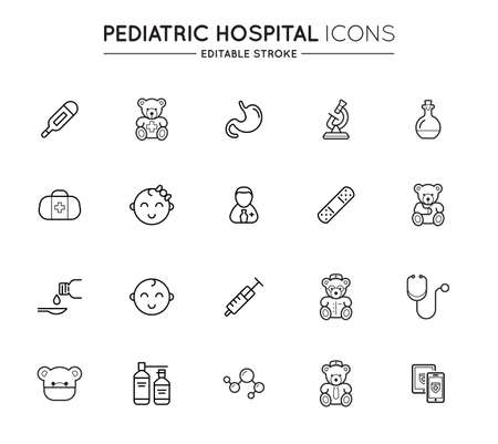 Outline icons set. Pediatric hospital clinic and medical care. Editable stroke. Vector.のイラスト素材