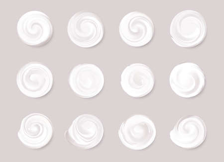 Set of realistic cosmetic cream smears. White creamy drop skincare cream product lotion thick fresh smooth smear isolated vector textureのイラスト素材