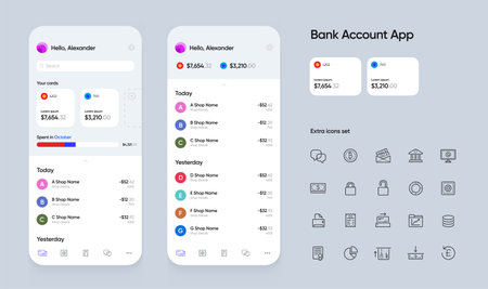 Banking App User Interface (UI) for Smartphones with Extra Set of Icons. Finance Investment Tools. Vector.のイラスト素材
