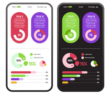 Application with Infographics Elements and Objects Set in User Interface UI on Device.のイラスト素材