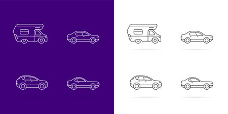 Cars icons Set. White lines style on dark and white background.のイラスト素材